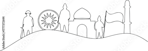 Line art of soldiers and buildings on a hill illustration