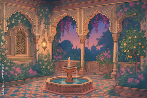 Andalusian Courtyard with Fountain and Arched Architecture at Sunset