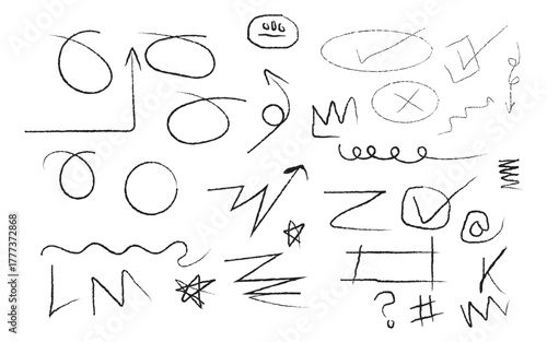 Hand-drawn doodle arrow and alphabet set sketch vector illustration