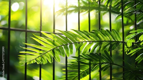 Lush foliage near a dark fence, backlit by bright sunlight