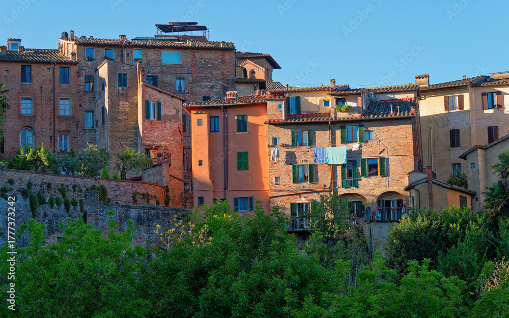 Obraz premium Panoramic view of Siena’s hillside charm, featuring colorful houses nestled among lush green trees under a serene sky, an evocative blend of architecture and nature in Tuscany.