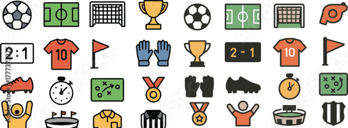 set representing football and sports elements. Includes football ball, field, goal post, whistle, trophy, scoreboard, jersey, flag, gloves, shoes, timer, strategy board, medal, fan cheering, stadium, 