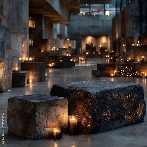 Large Stone Blocks with Candles in Dimly Lit Interior Space museum 1adb10b6