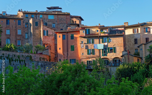 Panoramic view of Siena’s hillside charm, featuring colorful houses nestled among lush green trees under a serene sky, an evocative blend of architecture and nature in Tuscany.