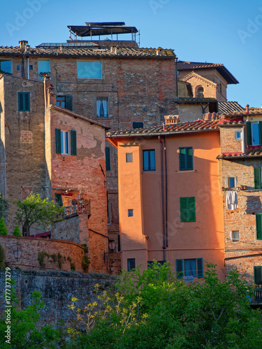 Close-up of Siena’s vibrant hillside dwellings, showcasing colorful facades, terracotta roofs, and lush green trees. A poetic glimpse into Tuscany’s timeless charm and layered urban textures.