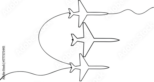 Three airplanes in formation with curved lines aircraft