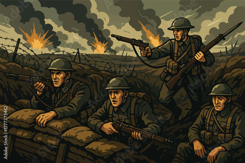 historical battle illustration, wartime scene, military history art, world war era, soldiers illustration, trench