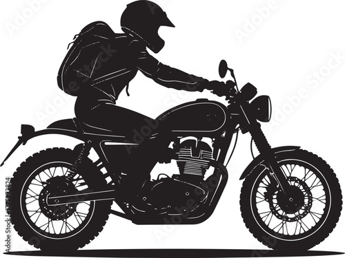 Motorcycle rider silhouette vector of man with helmet and backpack on classic bike, vintage motorbike