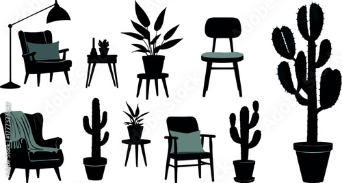 Modern home furniture and indoor plant silhouette vector set with chairs, cactus, house decor icons
