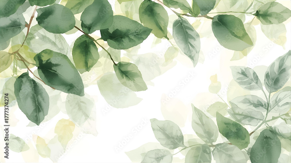 Fototapeta premium Watercolor illustration of soft green leaves and branches with a light, airy background. 