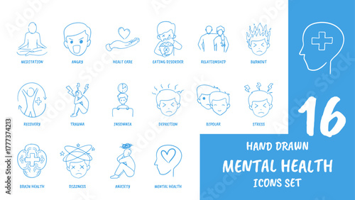 Hand drawn mental health icons set on blue background