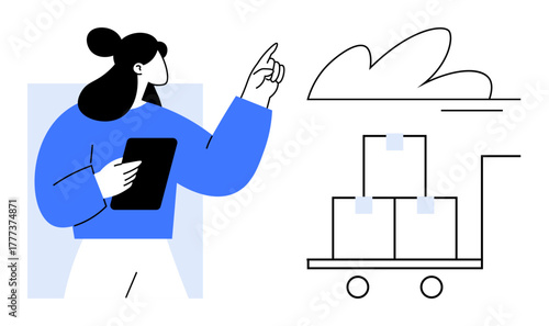 Woman holding tablet pointing at stacked boxes on a cart, conveying supply chain operations. Ideal for logistics, delivery, inventory, management, technology, business planning organization. Simple