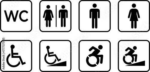 Toilet icon. WC sign. Printable sticker of toilet symbol sign with woman wc man handicapped baby icons. Restroom bathroom and change room sign. WC door plate symbol illustration.