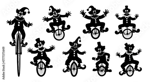 Clown Unicycle Silhouettes Variety Pack Circus Performers Black Figures Bicycle Tricks Entertainment Icons Collection