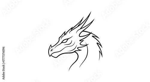 Stylized black and white illustration of a dragon's head showing a mythical creature design