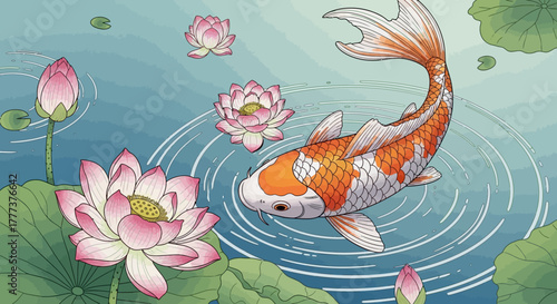 Watercolor depiction of a serene pond with a koi fish and blooming lotus flowers