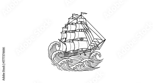 Detailed outline drawing of a majestic sailing ship battling the ocean's waves