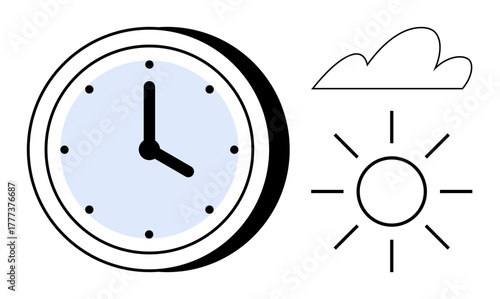 Clock showing a specific time next to a stylized sun and cloud. Ideal for time management, scheduling, weather, planning, simplicity, productivity, mindfulness. A simple flat metaphor