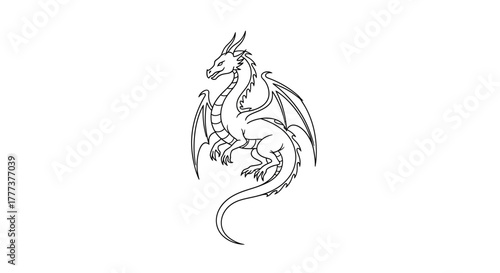 Intricate dragon illustration in monochrome with powerful and mysterious design style