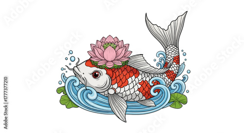 Detailed koi fish illustration adorned with a lotus flower in calm blue water swirls
