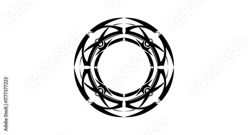 Intricate tribal ring design with symmetrical black shapes against a white backdrop