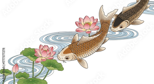 Illustrative koi fishes swimming amidst serene lotus flowers on a water surface