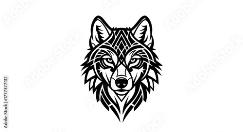 Intricate line art design featuring the head of a wolf with geometric patterns and precise symmetry