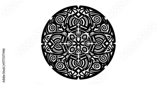 Intricate monochromatic design featuring swirling patterns and geometric shapes creating a