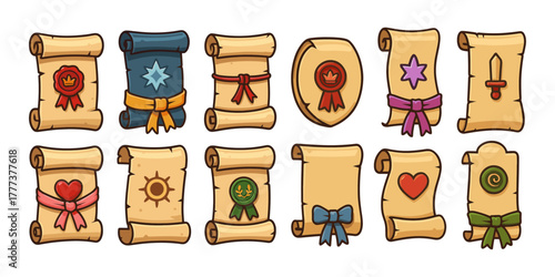 Scrolls cartoon icons ,parchment, magic, document, fantasy, paper