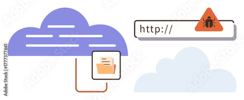 Cloud storage with folder connection, URL bar with malware warning sign. Ideal for internet security, networking, cyber attack warning, data breach, malware threat, IT protection, simple flat