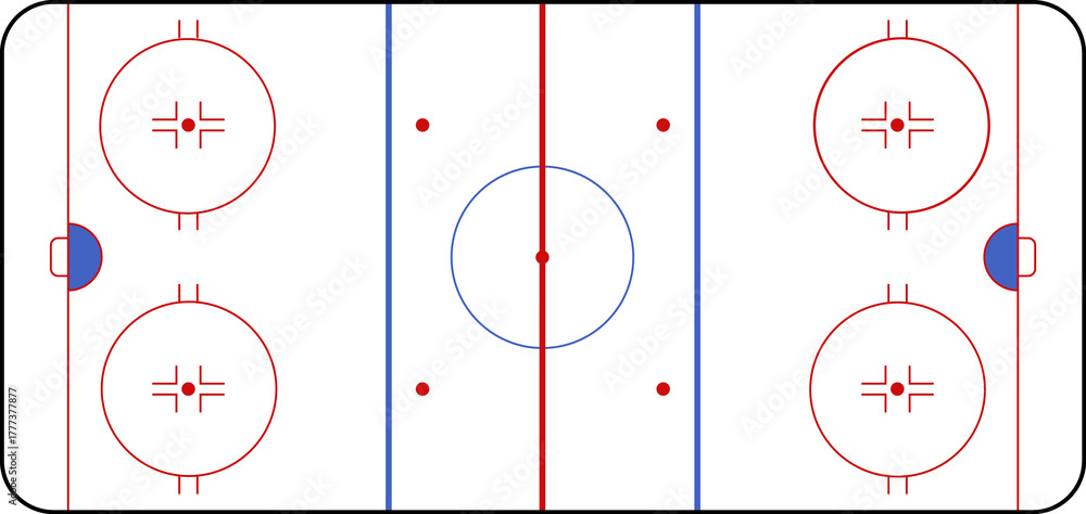 Naklejka premium Hockey rink. Hockey field. International Ice Hockey Rinks standard Dimensions and Sizes. Field hockey pitch top view illustration. Field hockey Size and Dimension Drawing Illustration.