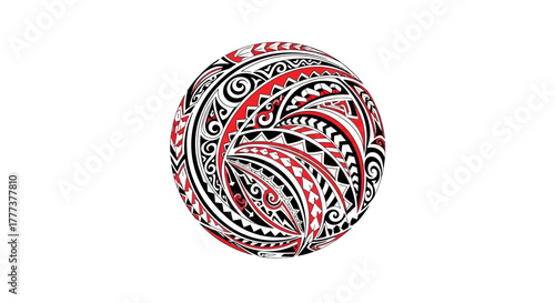 Complex abstract sphere composition with tribal-style patterns in black and red on white backdrop