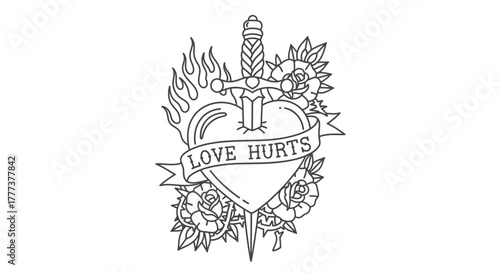 Monochrome classic tattoo depiction featuring a heart pierced by a sword amidst roses and flames