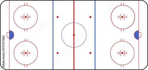 Hockey rink. Hockey field. International Ice Hockey Rinks standard Dimensions and Sizes. Field hockey pitch top view illustration. Field hockey Size and Dimension Drawing Illustration.