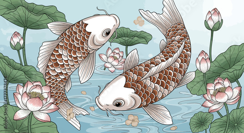 Graceful koi carps swimming serenely amidst blooming water lilies in a tranquil pond