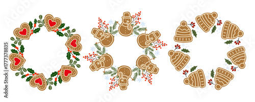 Festive gingerbread wreath designs featuring hearts, snowmen, and hats for holiday decorations