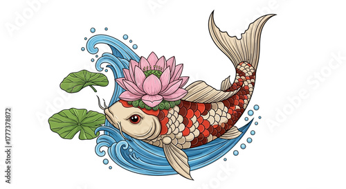 Elegant koi fish adorned with lotus flower amidst flowing water illustration art