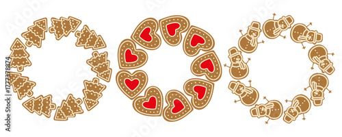 Decorative gingerbread cookie designs in festive shapes displayed for holiday celebrations