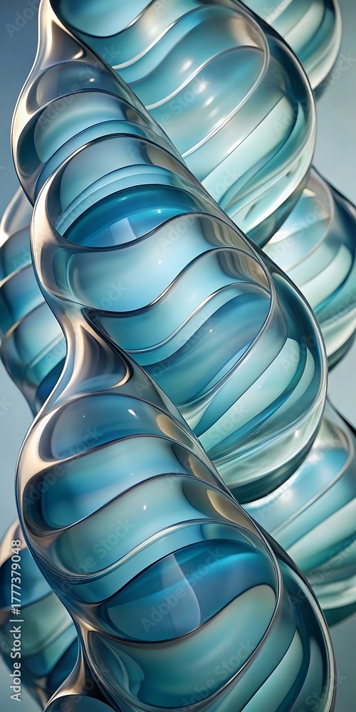 Fototapeta premium Close up of a swirling blue and teal glass sculpture with light reflections
