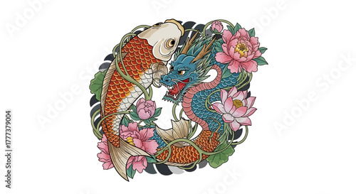 Stylized illustration featuring a koi fish dragon and floral arrangement showcasing a traditional