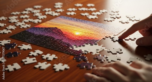 Jigsaw puzzle of a sunset over mountains being assembled on wooden table