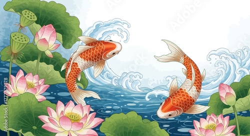 Watercolor koi fish illustration amidst lotus blossoms and rippling water imagery artistic