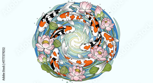 Artistic Koi Carp Circle with Lotus Flowers and Water Swirl Creates Serene Visual Harmony
