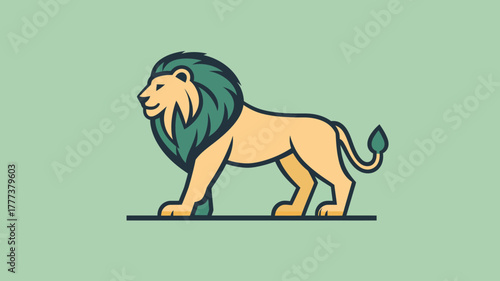 Stylized Flat Design Lion with Green Mane Illustration on Green Background