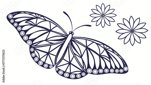 Stylized butterfly with geometric patterns and two floral elements on a white background design art created with generated ai