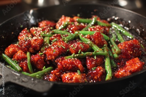 General Tsao Chicken. Delicious Chinese Cuisine with Red Sauce and Green Beans