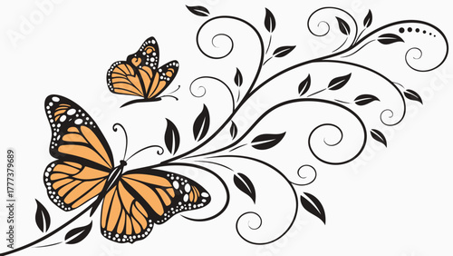 Two monarch butterflies with orange wings and black veins on a swirling floral branch design created with generated ai