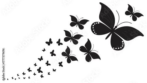 Silhouette of butterflies in flight with varying sizes and wing patterns on a white background design element created with generated ai