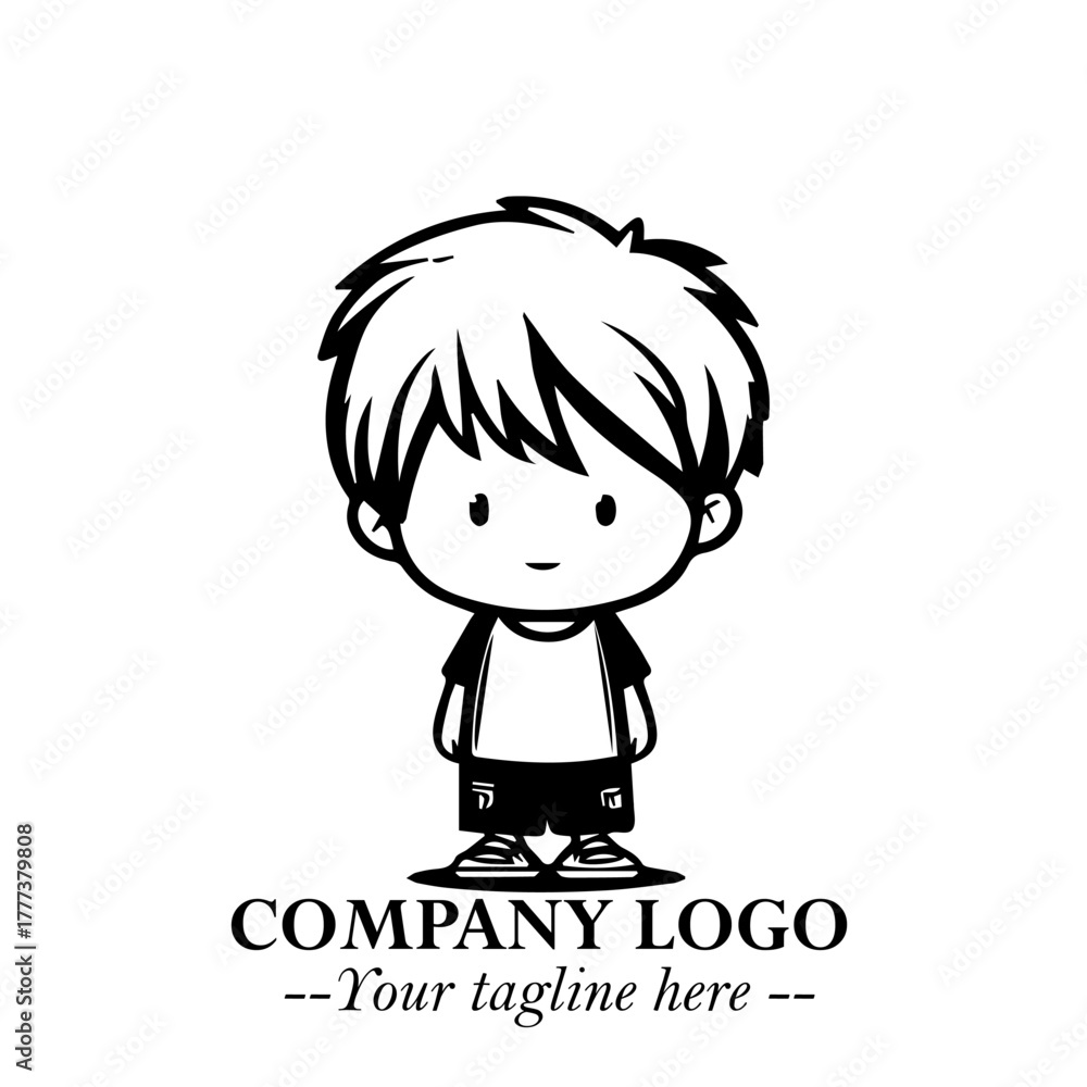 Obraz premium Black and White Chibi Boy Illustration with Jacket and Boots in Bold Thick Line Art Minimal Style 
