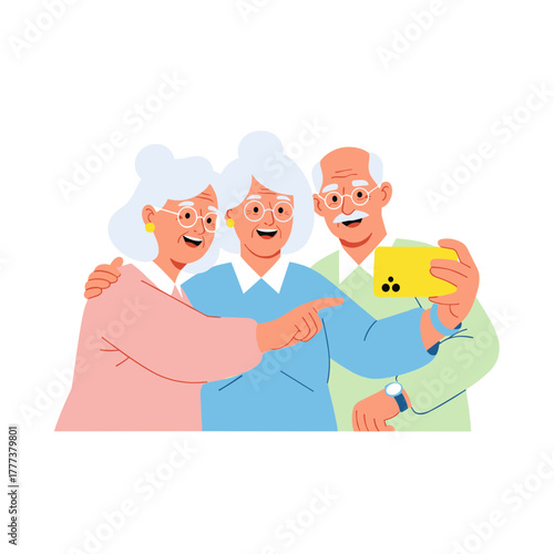 Three elderly friends taking selfies together and smiling happily  